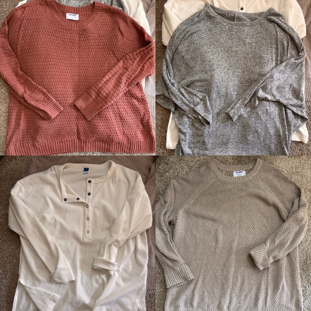 Bundle of 4 women’s sweaters/ long sleeve shirts. Old Navy + Maurice. L + XL